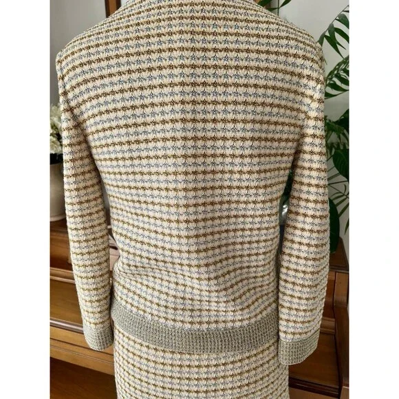 Vintage CISA OF ITALY Knit Cream Skirt Suit, Gold Silver Check Pattern, Size 10